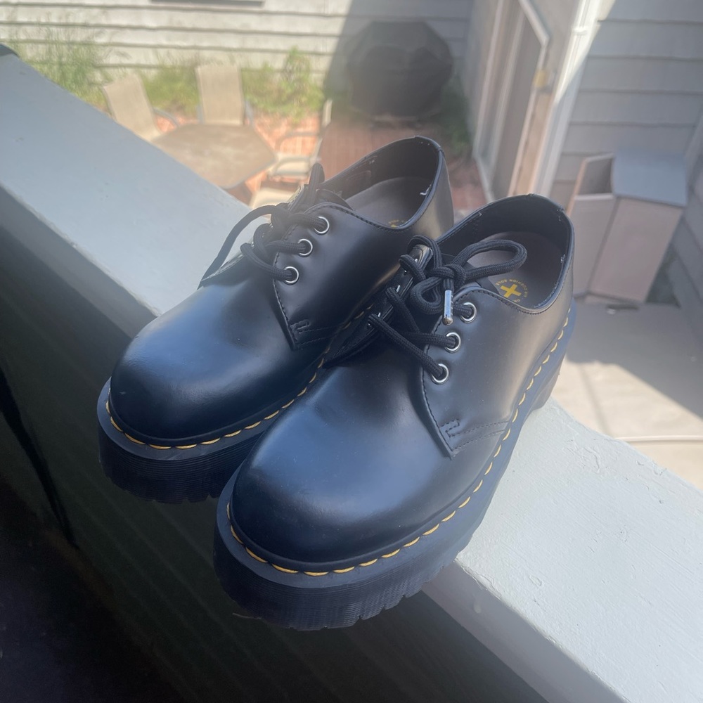 Dr. Martens Black Leather Platform Oxford with Yellow Stitching
